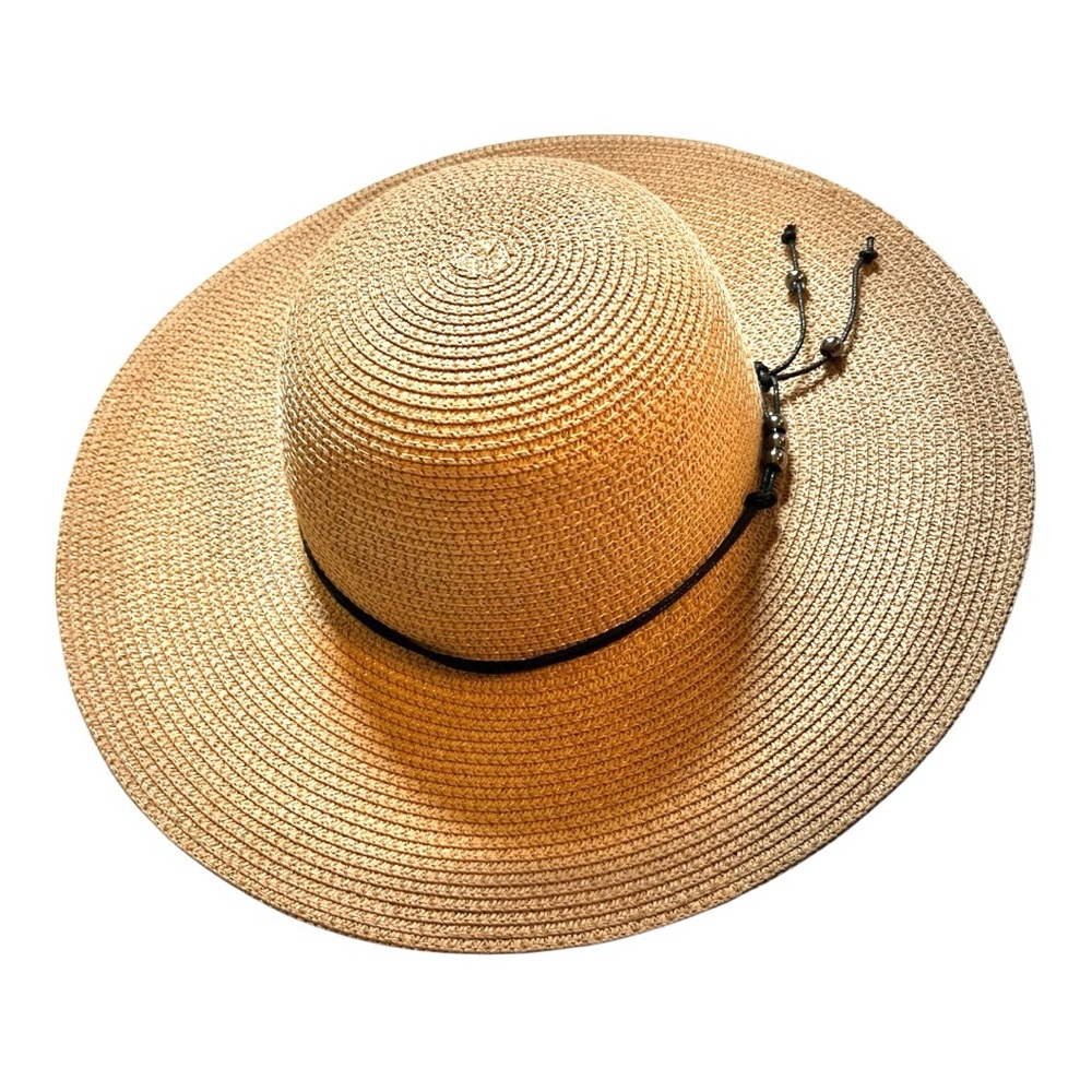 Magid paper straw woven beach/sun hat tan with dark brown cord hematite beads